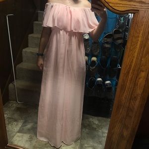 Chiffon off the shoulder floor length dress.